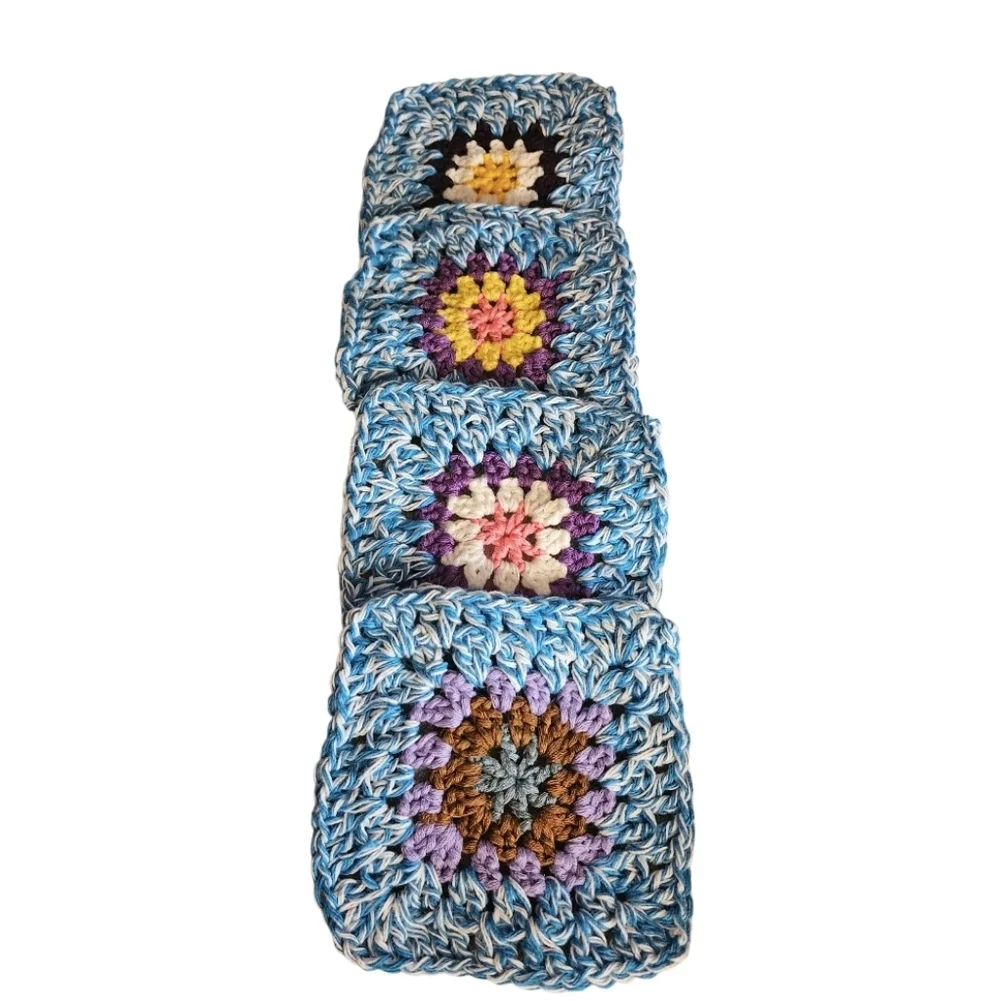 Handmade Turquoise Marl Crochet Granny Square 4-pc Coasters Set 100% Cotton